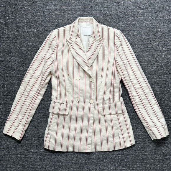 Sandro Jacket 36 US 4 Cream Severine Striped Double Breasted Blazer Linen Blend - Picture 1 of 13